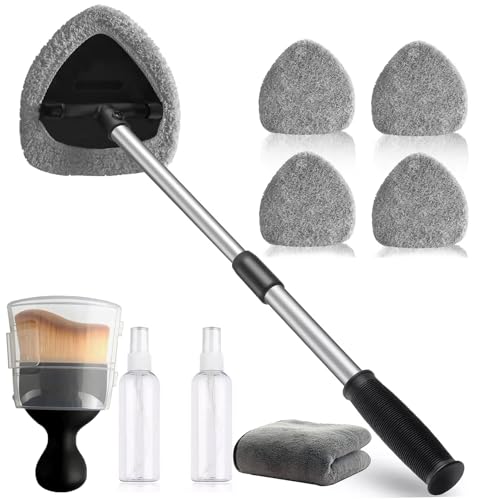 Car Windshield Cleaning Tools, Expandable Car Window Cleaner kit with 4 Reusable Microfiber Pads, Windshield Cleaning Wand Tool, Auto Interior Dust Brush, for Trucks, SUVs, RVs etc - color: grey