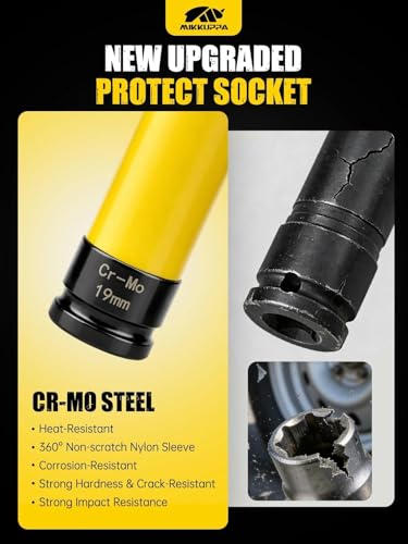 MIKKUPPA 1/2" Drive Lug Nut Socket Set - 5 Pieces 15 17 19 21 22 MM Non-Marring Thin Wall Wheel Protector Impact Socket Tool Kit
