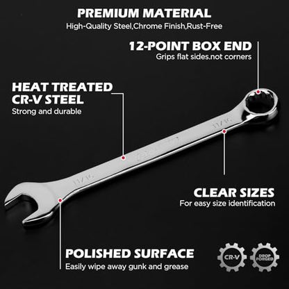 15-Piece SAE Combination Wrench Set, 1/4''–1'' 12-Point Open End and Box End Wrench Kit with Organizer, Chrome Vanadium Steel Tools for Mechanics, Garages and Workshops - style: 15-Piece Combination (SAE)