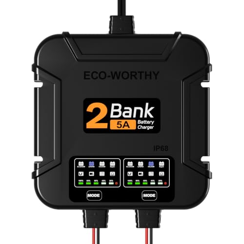 ECO-Worthy 2 Bank Marine Battery Charger 10A (5A/Bank), IP68 Waterproof 12V Charger & Maintainer for Boat RV Car, Lead-Acid LiFePO4 & Calcium Battery Desulfator