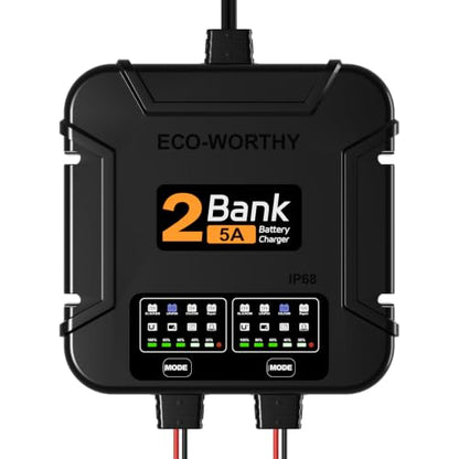 ECO-Worthy 2 Bank Marine Battery Charger 10A (5A/Bank), IP68 Waterproof 12V Charger & Maintainer for Boat RV Car, Lead-Acid LiFePO4 & Calcium Battery Desulfator