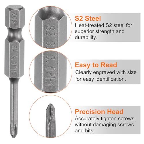 HARFINGTON 5pcs #1 Phillips Screwdriver Bit PH1 1/4" Hex Shank 2" (50mm) Long Magnetic S2 Steel Industrial Grade Screw Driver Bit Cross Head Electric Drill Bits 0.118" (3mm) Rod - size: PH1 x 50mm x 3mm