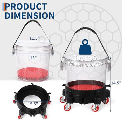 GarveeTech 5 gal Car Wash Bucket Kit 300 LBS Capacity - Includes Grit Trap, 5-Caster Dolly, Rubber Handle & Lid, Professional Detailing Kit for Auto Cleaning, Transparent
