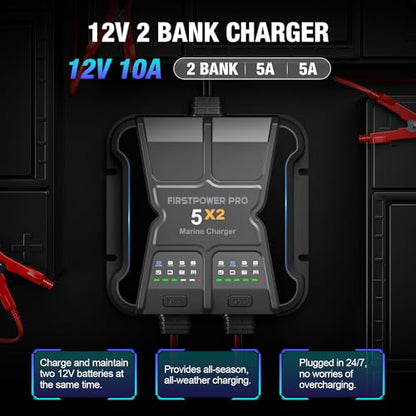 2 Bank Marine Battery Charger 5X2, 10A (5A/Bank) - 12V Waterproof Onboard Battery Charger, Battery Maintainer & Desulfator for SLA/AGM, Lithium (LiFePO4), Calcium & Deep-Cycle Battery- Charged 24/7 - size: 2 Bank(10A)