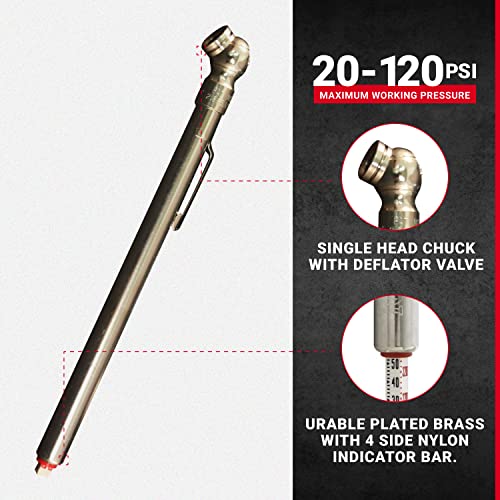 Milton S-925 Pencil Tire Pressure Gauge for Trucks, RV’s & Bicycle Tires, Single Head Chuck with Built-in Deflator Valve, Durable Plated Brass, Pressure Measured in PSI & kPa