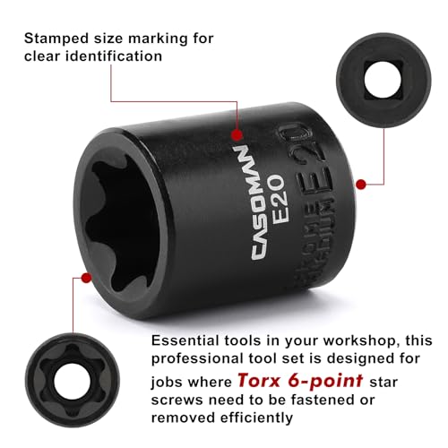 CASOMAN 11PCS Female Torx Socket Set, E Torx & Star Socket Set with Rail, E4 - E20 Torque Sockets - size: 11PCS