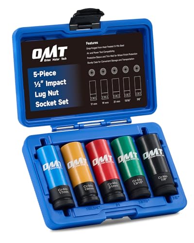 Orion Motor Tech 1/2" Drive Lug Nut Socket Set, Metric 17 19 21 mm & SAE 13/16 7/8 in. Wheel Socket Set, 5pc Impact Lug Nut Socket Set, Thin Wall Lug Nut Sockets with Colored Protective Covers - size: 17 19 21 mm & 13/16 7/8 inch, style: Standard