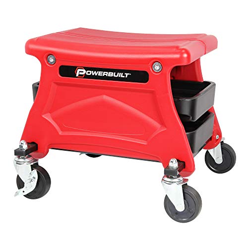 Powerbuilt Rolling Garage Seat with Tool Trays, Smooth Ball Wheel Bearing Casters 300 Pound Capacity Stool, Detailing, Motorcycle, Gardening - 240283 - style: Red, 14-Inch