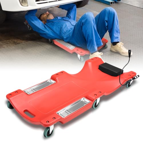 Low-Profile 40" L Mechanic Rolling Creeper, 300 LBS Capacity Under Car Roller Creeper with LED Light and Tool Trays, Red