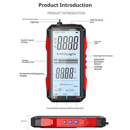 FS899L Smart Digital Multimeter, USB Rechargeable 6000 Counts True RMS Tester with 5" Large Color Screen, Auto-Ranging Voltmeter for Home, Automotive & Industrial Electrical Repair (FS899C) - color: FS899C