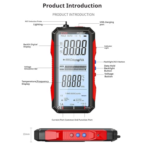 FS899L Smart Digital Multimeter, USB Rechargeable 6000 Counts True RMS Tester with 5" Large Color Screen, Auto-Ranging Voltmeter for Home, Automotive & Industrial Electrical Repair (FS899L +Bag) - color: FS899L +Bag