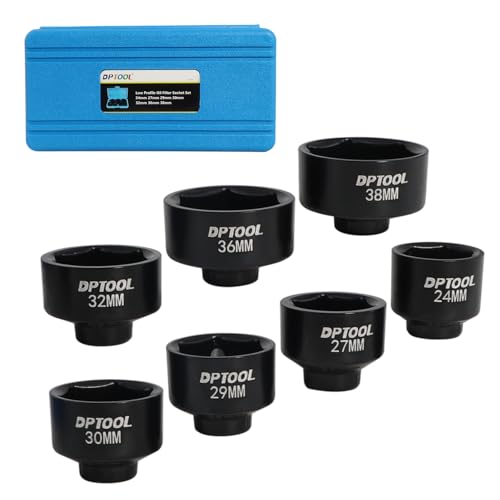 7 Pcs Low Profile Oil Filter Socket Set 6 Point Canister Oil Filter Cap Wrench Remover and Installer Tool Kit Compatible with VW BMW V0lVO Chevy Etc with 3/8" Drive 24mm 27mm 29mm 30mm 32mm 36mm 38mm