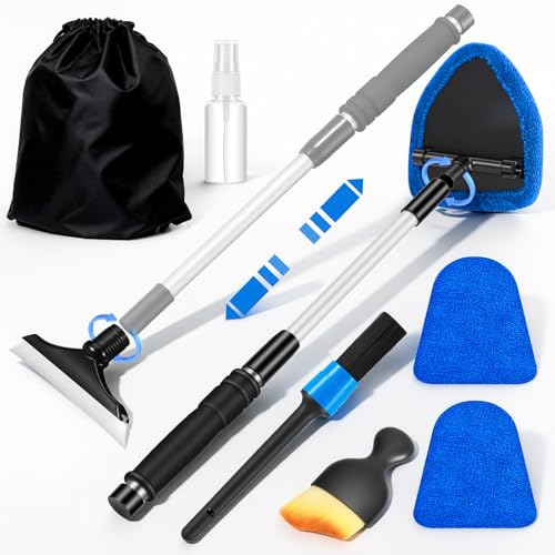 Windshield Cleaner Tool, Car Interior Cleaning Kit with Extendable Handle and 3 Reusable Microfiber Pads, Auto Glass Wiper and Detailing Brush Kit for Car & Home Window, Blue - color: Blue