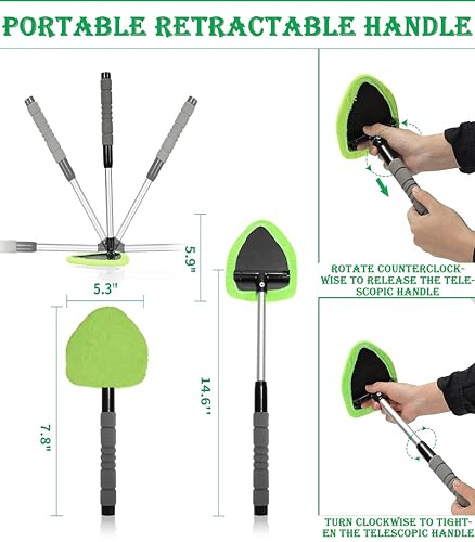 Car Windshield Cleaner Tool with Reusable Microfiber Pads Extendable Handle (1, Green) - color: Green