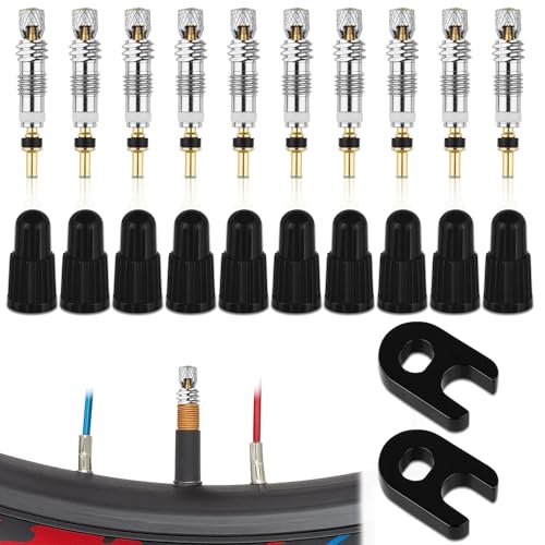 22 Pcs Presta Valve Core Repair Kit, 10 Replacement Valve Cores, 10 Valve Caps and 2 Valve Core Removal Tools for Bike Tire Application