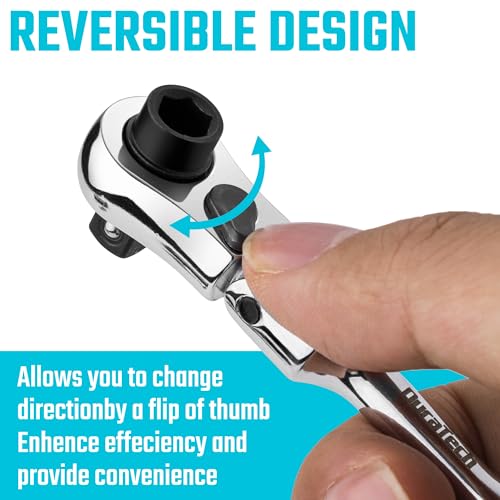 DURATECH 1/4" Drive Ratchet Handle, 2 in 1 Flex Head, Socket & Bit Driver | 72-Tooth, Reversible Switch, Full-Polished, Chrome Plating, Alloy Steel - size: 1pc