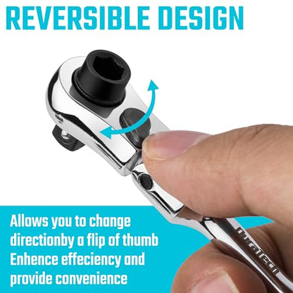 DURATECH 1/4" Drive Ratchet Handle, 2 in 1 Flex Head, Socket & Bit Driver | 72-Tooth, Reversible Switch, Full-Polished, Chrome Plating, Alloy Steel - size: 1pc