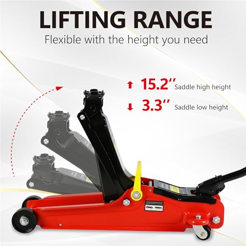2T Low Profile Steel Floor Jack, 4000 lb, Single Pump, 3.3"-15.2" Lift, Red | Heavy-duty steel construction. Single piston quick lift pump. Low profile design. Safety overload protection. - size: 2T Single Pump 3.3"-15.2"(Red)
