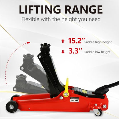 2T Low Profile Steel Floor Jack, 4000 lb, Single Pump, 3.3"-15.2" Lift, Red | Heavy-duty steel construction. Single piston quick lift pump. Low profile design. Safety overload protection. - size: 2T Single Pump 3.3"-15.2"(Red)