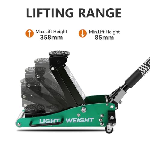 1.5 Ton Aluminum Floor Jack, Dual Pump Low Profile Hydraulic Car Jack with Quick Lift System, 3.3"–14" Lifting Range, Lightweight Racing Service Jack for Sedans, Sports Cars, and Compact Vehicles