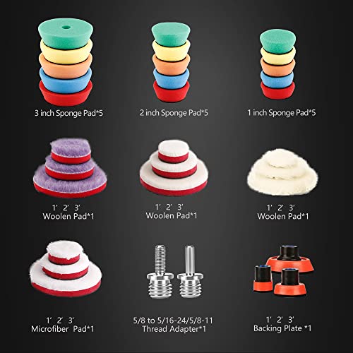 SPTA 29pcs Drill Buffing Pad Detail Polishing Pad Mix Size Kit with 5/8-11 Thread Backing pad & Adapters for Car Sanding, Polishing, Waxing (32Pcs Mini Detail Polishing Sets) - color: 32pcs