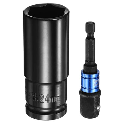 HARFINGTON Deep 6-Point Impact Socket 1/2" Drive 24mm Metric Socket 3" Length with 1/4" Hex Shank Adapter, CR-V Steel Socket Adapter Accessory Tool Set Kit for Hex Bolts Nuts - size: 24mm