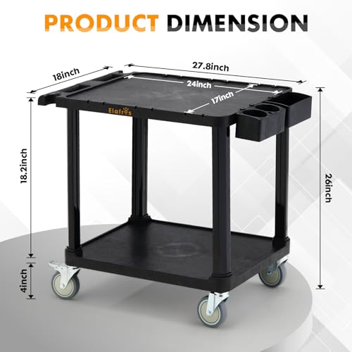 ELAFROS 2-Tier Low Profile Utility Cart, 27.8 x 18 x 26 in | Compact Rolling Cart, 330 lbs Capacity, 4" Swivel Casters, Locking Brakes, Office Home Garage Storage