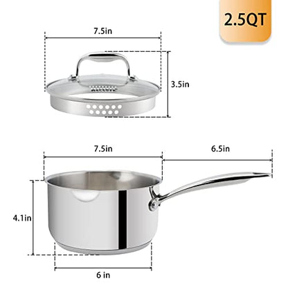 Rorence Stainless Steel Sauce pan: Saucepan with Pour Spouts, Capsule Bottom & Tempered Glass Lid - 2.5 Quart - size: 2.5 Quart