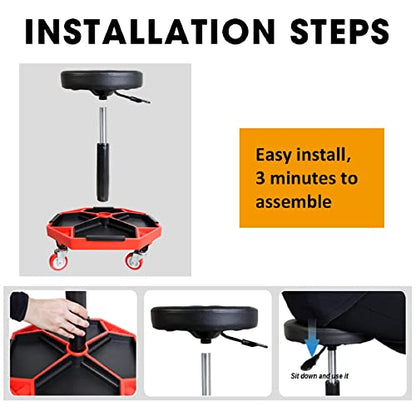 TCE ATRXF8308U Pneumatic Creeper Seat/Padded Adjustable Mechanic Stool with Removable Tool Tray Storage, 300 lb Capacity, Black/Red