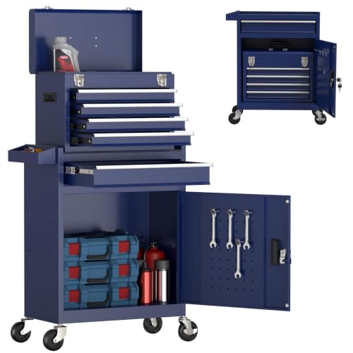 5-Drawer Tool Box with Wheels, Rolling Tool Storage Cabinet with Detachable Top Tool Chest and Locking Mechanism, Metal Tool Cart for Workshop Garage and Room Use (Blue) - color: Blue, size: 5-Drawer