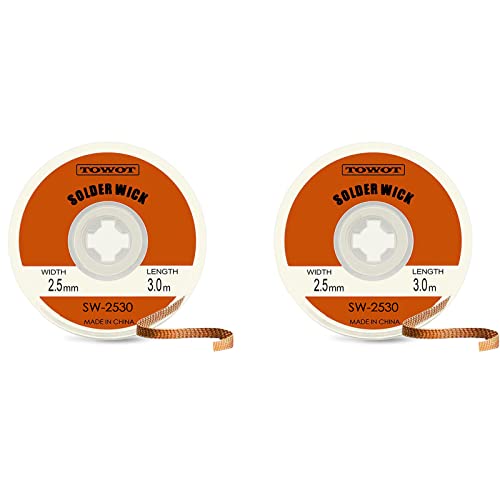 TOWOT Solder Wick Braid With Flux No-Clean Electronic, Desoldering Wick Braid Remover.Desolder Soldering Kit 2.5mm W 0.10'' L 9.8'(2pcs) - style: 2 PCS - W 0.10'' L 9.8'