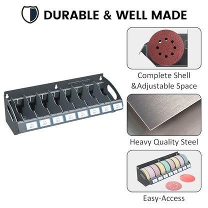 UNITEDPOWER Sanding Discs Holder, 8 Slots Wall Mount Metal Sandpaper Storage Rack for Workshop, Shed, Garage Classified Organization, Fit Most of Sandpaper
