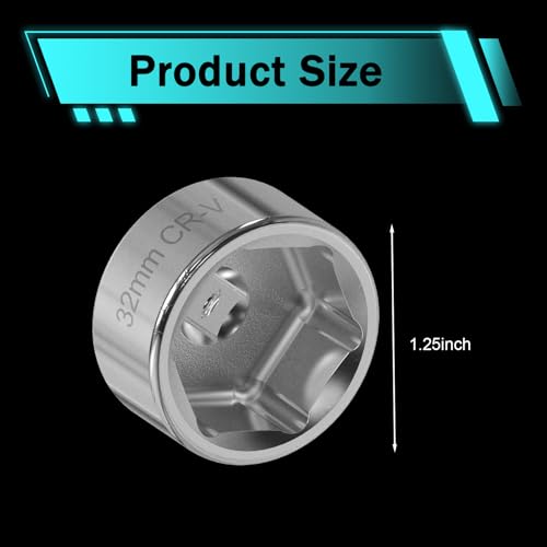 1 PC Car Oil Filter Wrench, 32mm 6-Point Low-profile Oil Filter Socket Tool, 3/8" Drive Steel Oil Pan Filter Removal Wrench, Compatible with Ecotec, TDI, VW, Audi, BMW (Silver)