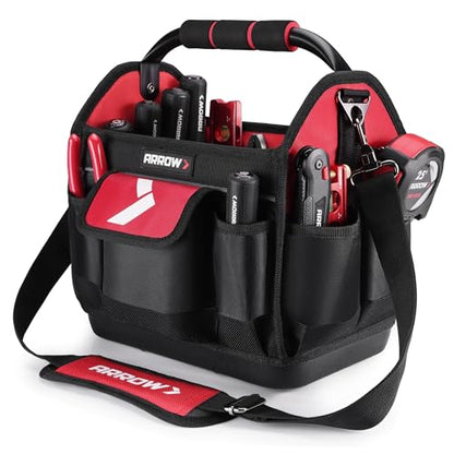ARROW 12" Tool Tote with Waterproof Hard Base, Electrician Tool Bag | 19 Pockets, 840D Oxford Fabric, Open Top Tool Bag for Plumber Mechanic HVAC Automotive