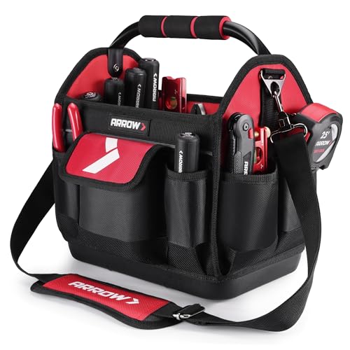 ARROW 12" Tool Tote with Waterproof Hard Base, Electrician Tool Bag | 19 Pockets, 840D Oxford Fabric, Open Top Tool Bag for Plumber Mechanic HVAC Automotive