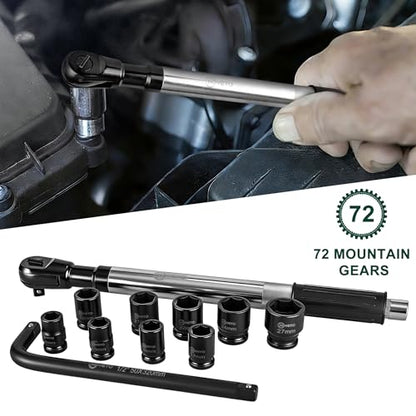 Offset Extension Wrench, 11 Piece 1/2" Offset Extension Wrench Impact for Electric Drill with 9 Impact Socket, 1/2" drive handle, Multifunctional Electric Ratchet Wrench, Slim for Tight Spaces - color: 11pcs-banshou