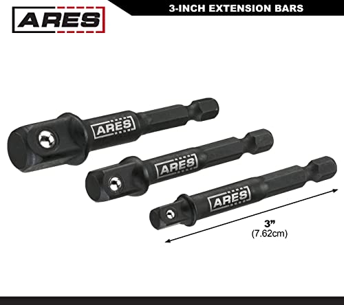 ARES 22048 – 2-Pack 3-Inch Impact Grade Socket Adapter Set - Turns Impact Drill Driver into High Speed Socket Driver - 1/4-Inch, 3/8-Inch, and 1/2-Inch Drive - size: 3-Inch Socket Adapter (2-Pack)