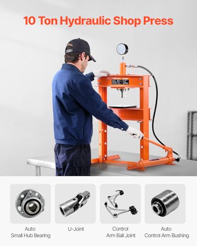 VEVOR Hydraulic Shop Press, 10 T H-Frame Shop Press with Press Plate & H-Shaped Base, Stable Garage Floor Adjustable Hydraulic Press with Relief Valve, Fit for Bending, Straightening & Stamping - size: 10T