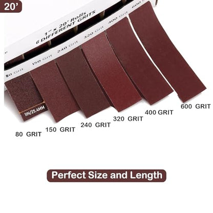 Emery Cloth Roll, 6 Grits 1'' x 19.7' Sand Paper Roll with Dispenser, 80 150 240 320 400 600 Grit Sandpaper Assortment, Wet Sanding Paper for Metal Automotive Furniture Wood - style: 6rolls 6m