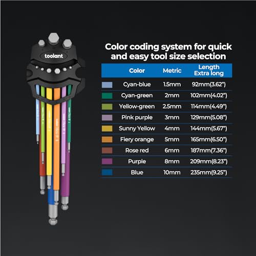 toolant Metric Allen Wrenches Sets 9pcs, Extra Long Arm Allen Key Set with Ball End, Crafted Hex Key Set with Color Coded Sleeves, Unique Patented Holder Design for Magnetizing and Demagnetizing - size: 9pcs(Metric)