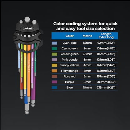 toolant Metric Allen Wrenches Sets 9pcs, Extra Long Arm Allen Key Set with Ball End, Crafted Hex Key Set with Color Coded Sleeves, Unique Patented Holder Design for Magnetizing and Demagnetizing - size: 9pcs(Metric)