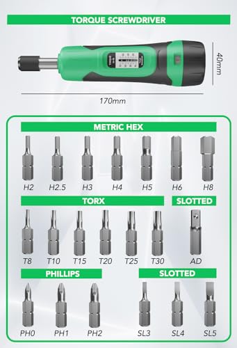 Torque Screwdriver, 1/4" Drive Screwdriver Torque Wrench 10-70 Inch Pounds, Torque Screwdriver Wrench Set, 20 Pcs Torque Wrench Bits Set for Bike,Tool,Maintenance