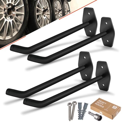Tire Rack Wall Mount, 10 Inch Large Garage Hooks Heavy Duty Storage, Ladder Hooks for Hanging, Garage Organizer for Wheel Holder, Folding Chairs, Power Tool, Bulk Items (88lbs 4-Pack) - color: 4 Pack – Black
