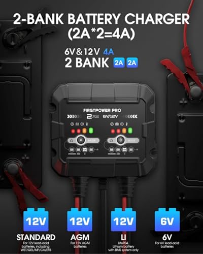 2-Bank, 4A (2A/Bank) Trickle Charger for Car Battery, 12V 6V Car Battery Charger, Automotive Battery Trickle Charger, Maintainer, for Motorcycle Lawn Mower AGM, Lithium Batteries