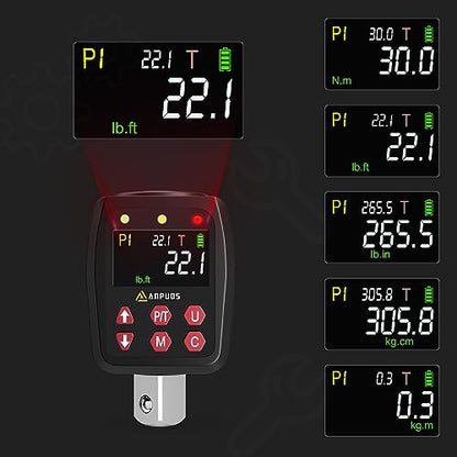 ANPUDS 1/2" Digital Torque Adapter, 1.1-22.1 Ft-lb/1.5-30 Nm, ±1% Accuracy | Digital Torque Gauge, 10 Presets & 500 Data Memory, Buzzer & LED Indicator, 3/8" & 1/4" Adapters, for Bike, Motorcycle - size: 1.1-22.1 Ft-lb/1.5-30 Nm