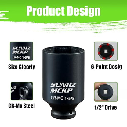 SUNHZMCKP 1/2" Drive Deep 6-Point Impact Socket Set, 8-Piece Standard SAE Spindle Axle Nut Impact Socket Set, Cr-Mo, 1-1/4-Inch to 1-3/4-Inch Size - color: 8-piece, size: 8-Pc 1/2" SAE Drive Impact Socket Set