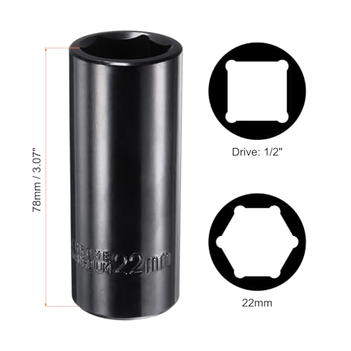 uxcell 1/2" Drive 6 Point Socket 22mm Metric Deep Impact Socket Chrome Vanadium Alloy Steel Square Drive 6-Point Sockets Mechanic Hand Tool for Pneumatic Wrench, Black Glossy