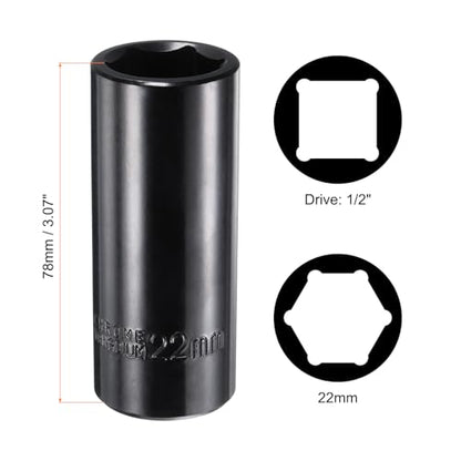 uxcell 1/2" Drive 6 Point Socket 22mm Metric Deep Impact Socket Chrome Vanadium Alloy Steel Square Drive 6-Point Sockets Mechanic Hand Tool for Pneumatic Wrench, Black Glossy