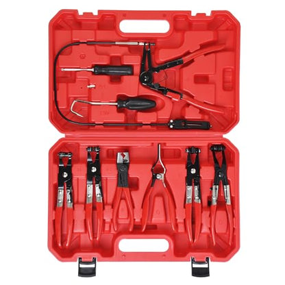 9PCS Hose Clamp Pliers for Fuel Oil and Water Hoses, Long Reach Hose Clamp Remover Kit with Flexible Wire Clic R Type Swivel Jaw Flat Band Pliers Set