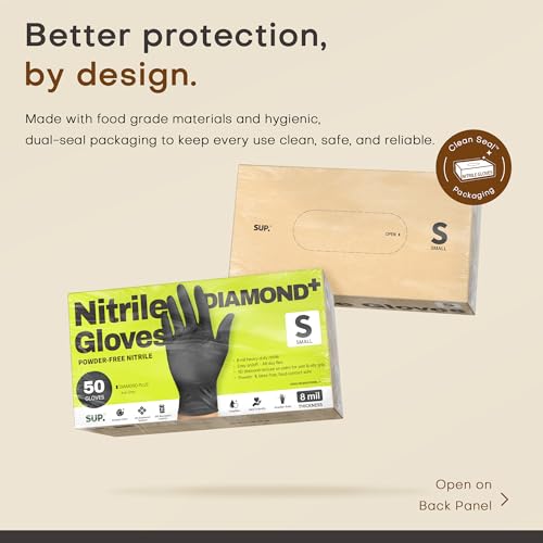 SUPER+ Disposable Nitrile Gloves, 8 Mil Diamond Powder-Free Latex-Free Food Safe Chemical Resistant Heavy Duty, Black 500 Ct - color: Small (Black)